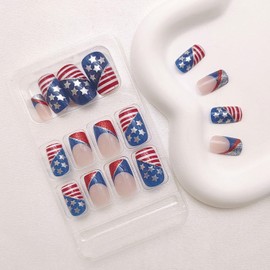 4th of July Press on Nails Medium Square Fake Nails American Flag Glue on Nails Red Blue White Full Cover Acrylic Nails Independence Glitter Star Stick on Nails for Patriotic Women 24 Pcs