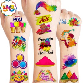105 PCS Indian Holi Hai Festival Temporary Tattoos Stickers Theme Birthday Party Decorations Favors Supplies Decor Colorful Colors Pichkari Diwali Tattoo Sticker Gifts For Boys Girls School Prizes