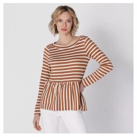 Diane Gilman Bateau Neck Peplum Top, Camel/Ivory, Large