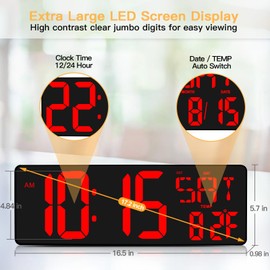 XREXS Large Digital Wall Clock with Remote Control, 16.5 Inch LED Large Display Count Up & Down Timer, Adjustable Brightness Alarm Clock with Day/Date/Temperature for Home, Gym, Office and Classroom