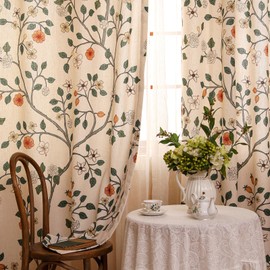 ISAENNE Beige Floral Botanical Curtain 63 Inches Long Flower Leaf Branch Thermal Insulated Room,Grommet Daily Toile Curtains,Semi Sheer Curtains for Living Room Bedroom 2 Panels,53"*63"