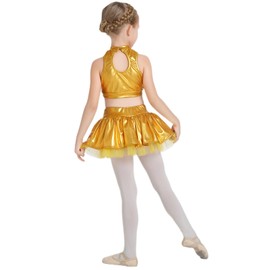 Girls Sequins Dance Outfits Halter Metallic Crop Top Camisole Tulle Tutu Skirt Hip Hop Clothes Kid Jazz Dance Costume Modern Dance Skirt Glitter Sequins Top Cheer Outfits Gold (2PCS) 11-12 Years