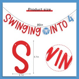 Spider 4th Birthday Banner - Swinging into 4 Banner, Spiderma Birthday Decorations for Kids, Avengers Fourth Bday Decor