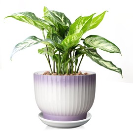 YUFDA 8 Inch Ceramic Planter, Plant Pot with Drainage Hole and Saucer, Large Outdoor Flower Pots, Indoor Modern Elegant Decorative Planter(Purple + White, Plants NOT Included)