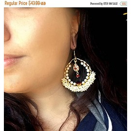 Chandbali Earrings,Kundan jewellery,bridal pearl earrings,Gold Kundan Jewellery Ethnic Indian statement earrings by Tanees