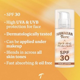 HAWAIIAN Tropic Hawaiian Tropic Hydrating Protection Face Sunscreen SPF 30 UVA plus UVB Protection, 50 ml, 12-Hour Moisturisation, Make Up Compatible, Water Resistant, Vegan