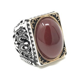 KAR 925K Stamped Sterling Silver Red Agate (Aqeeq) Men's Large Ring I1N (11)