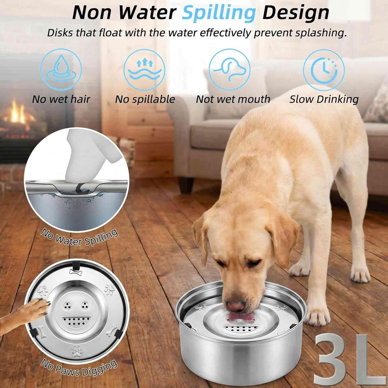 3L/101 oz Dog Water Bowl No Spill, Stainless Steel, Spill