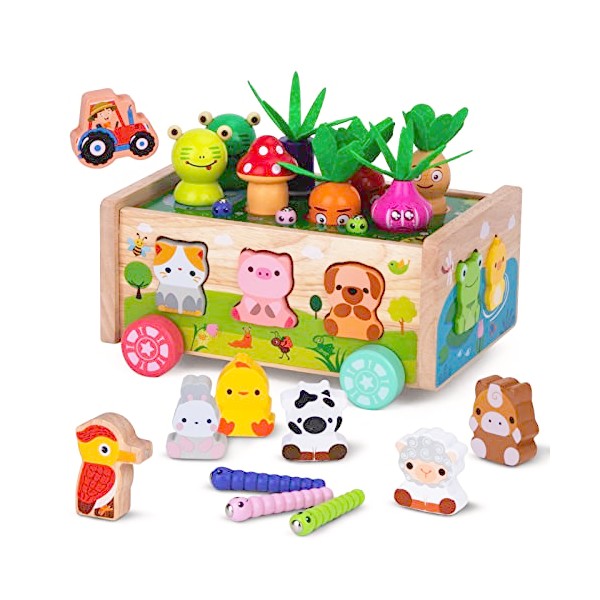 KMTJT Montessori Wooden Toddler Toys for 1 2 3 Years Old Boys Girls, Shape Sorting Toys First Birthday Gifts for 1-2 Years, Wood Animal Farm Car Preschool Educational Fine Motor Skills Toy
