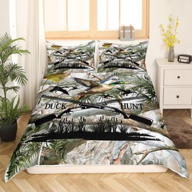 Hunt Ducks Duvet Cover Set Queen Size,Camo Jungle Tree Branches Bedding Set,Wild Animals Plants Theme Comforter Cover for Kids Boys Adult Men Room Decor Adventure Hunting Quilt Cover,2 Pillowcases