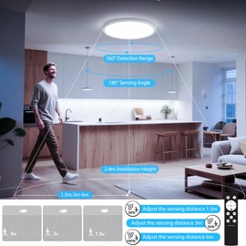 Heyseven LED Ceiling Light with Motion Sensor, 24 W 2700 LM LED Ceiling Light Dimmable with Remote Control, Radar Sensor Light for Balcony, Garage, Stairs, Basement, Hallway, Hallway, Diameter 30 cm
