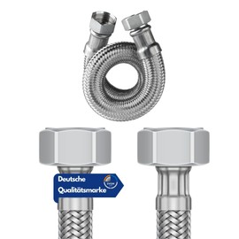 DVGW Tested Flex Hose 3/8 and 1/2 Inch Including Seals | Connection Hose Fitting | Tap Hose Extension | Reinforced Hose | (1/2 Inch Union Nut on Both Sides, 80 cm)