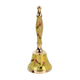 Brass Hand Bell Peacock Design | Indian Puja Bell for Temples and Diwali Decorations | Call Bell Wedding Bells Hand Held Bell Christmas Bell | 7.5 inch | Yellow