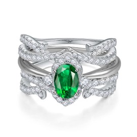 Yaresul Womens 3pcs 925 Sterling Silver Ring Set, 1ct Green Created Emerald Ring Cubic Zirconia Engagement Wedding Ring Set, Size L-½