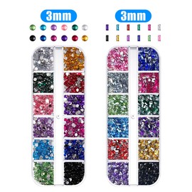 WELANE Nail Art Rhinestone, 2 Box Colorful Round and Rectangular Flat Back Nail Art Kit for Nail Design, DIY Crafts (12 Colors, 3mm)