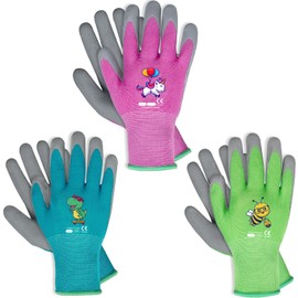 KDK Ages 3-5 Kids Gardening Gloves,Yard Work Gloves for Toddlers, Youth, Girls, Boys, Childrens, Soft Safety Rubber Gloves (XXXS Age 3-5, 3 Pairs Green, Blue&Pink)