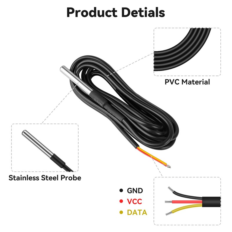 YELUFT 6 Pack DS18B20 Temperature Sensor High-Accuracy Stainless Steel Temperature