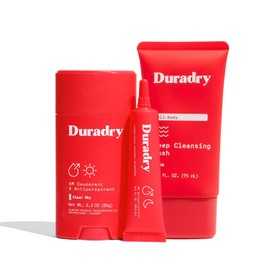 Duradry 3-Step System fights Excessive Underarm sweat, odor & hyperhidrosis, block sweat. Includes antiperspirant stick, sweat control gel & body wash.- Clear Sky (Crisp Pear + Vanilla)