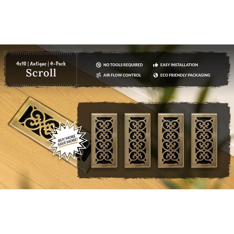 Decor Grates (4-Pack) SPH410-A Scroll Design Floor Register, 4x10 Inches,
