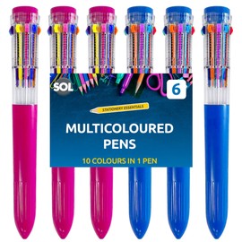 6pk SOL 10 in 1 Multi Coloured Pens All In One | Multicoloured Pen with 10 Vivid Ink Colours | Retractable Multi Colour Pen School Pens for School Gift | Switchable Multi Pen Biros Multicolour Pen