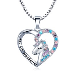 TIZU Heart Unicorn Rainbow Cubic Zirconia Necklace for Children, Girls Jewellery, Stainless Steel