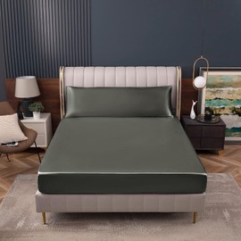 Homiest Dark Grey Satin Fitted Sheet Queen Size Fitted Bed Sheet, Deep Pocket Fitted Sheet Only, Luxury & Ultra Soft Bedding Fitted Sheet Single Bottom Bed Sheets Sold Separately