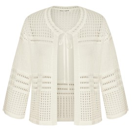 GRACE KARIN Womens Summer 3/4 Sleeve Crochet Cropped Cardigan Tie Open Front Casual Bolero Sweater White L