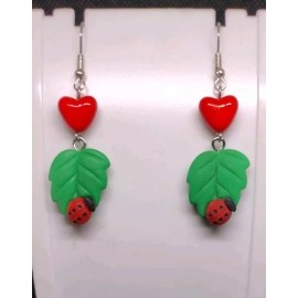 Ladybug on Leaf Dangle Earrings