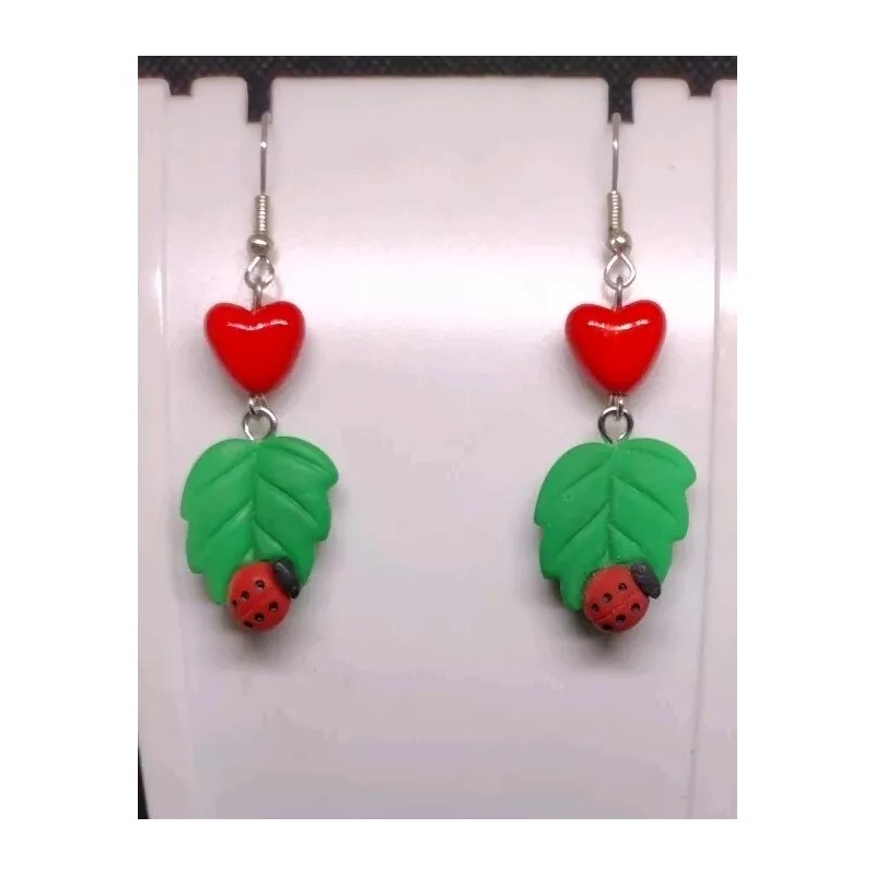 Ladybug on Leaf Dangle Earrings