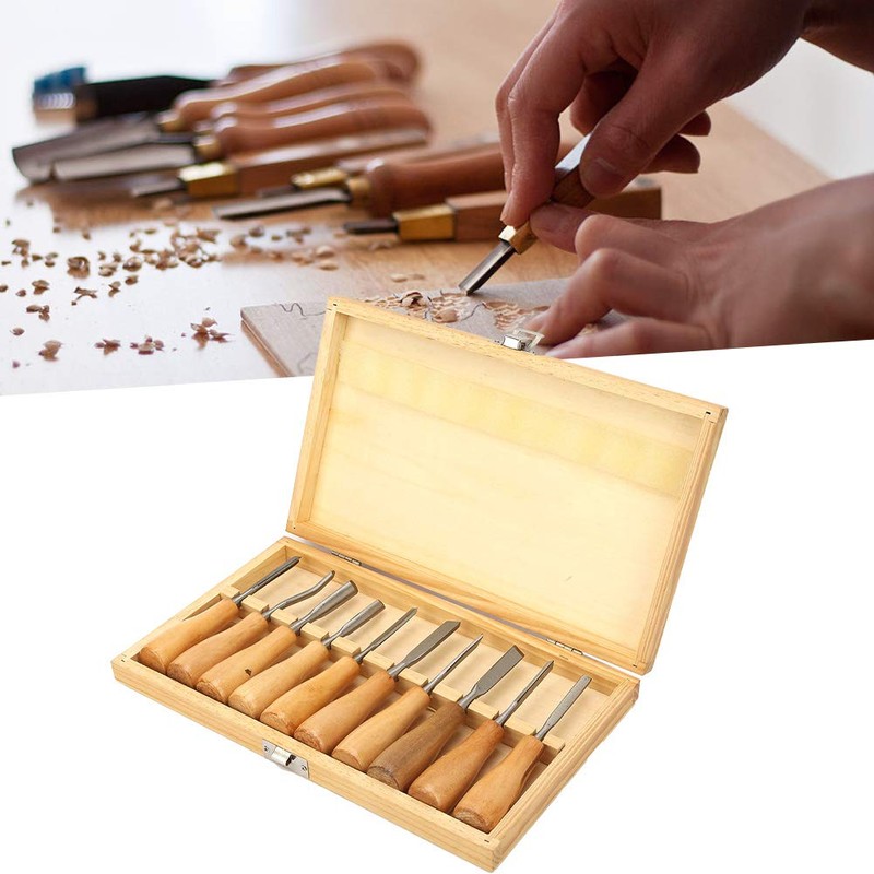 Carving Tools Set, 10Pcs with Wooden Handles in a Wooden