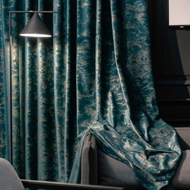 Velvet Curtain Panel Pinch Pleated Back Tab Living Room Luxury Window Treatment Blue Velvet Fabrics with Golden Embossed Home Decoration Living Room 2 Panel