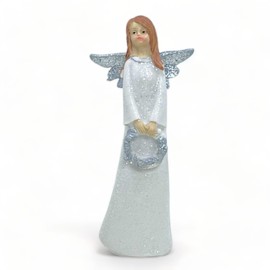 MIJOMA Hand Painted Artificial Stone Angel Figurine 14cm White / Silver with Sparkles Available in Various Designs - A Special Ornament for Your Home (Angel with Wreath)
