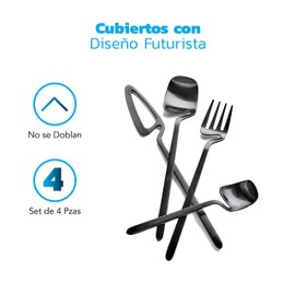 Bluelander Juego de Cubiertos, Acero Inoxidable, Diseño Futurista, Set 4 Piezas, Acabado Mate, Servicio para 1 Persona, Perfectos Todo Tipo de Evento (4 Piezas, Negro)