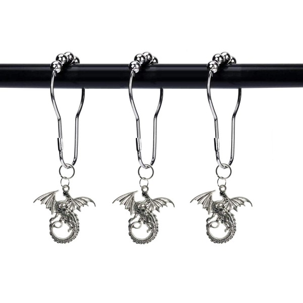 ZILucky Set of 12 Dragon Shower Curtain Hooks Decorative Home Bathroom Flying Winged Dragon Medieval Fantasy Fairytale Mythical Beast Stainless Steel Rustproof Brushed Nickel Rings (Silver)