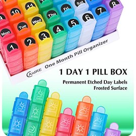 CAidRE Monthly Pill Organizer 4 Times A Day, One Month Pill Organizer, Monthly Pill Box Organizer with 32 Daily Compartments for Fish Oil, Vitamins, S