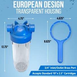 10 Inches European Design Transparent Standard Whole House Water Filter System with Presser Relief Valve, 3/4” Inlet/Outlet Brass Port and Yearly Supply (4) Pleated Sediment Cartridges 5 Micron