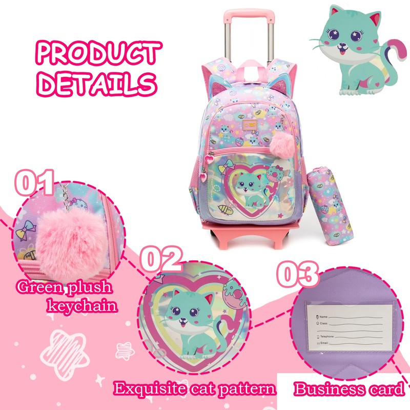 Kids Rolling Loving Cat Backpack for Girls Trolley Suitcases Luggage