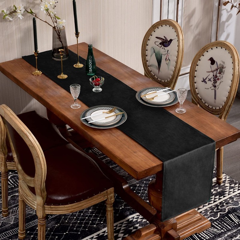 SEASHORE TREE Black Table Runner Velvet Machine Washable Kitchen Dining