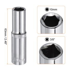 sourcing map 6-Point Socket 3/8" Drive 10mm Deep 2.48" Length 45# Steel Metric Square Drive Sockets Polishing Chromed Sockets for Car Repair Mechanical Maintenance Home Use