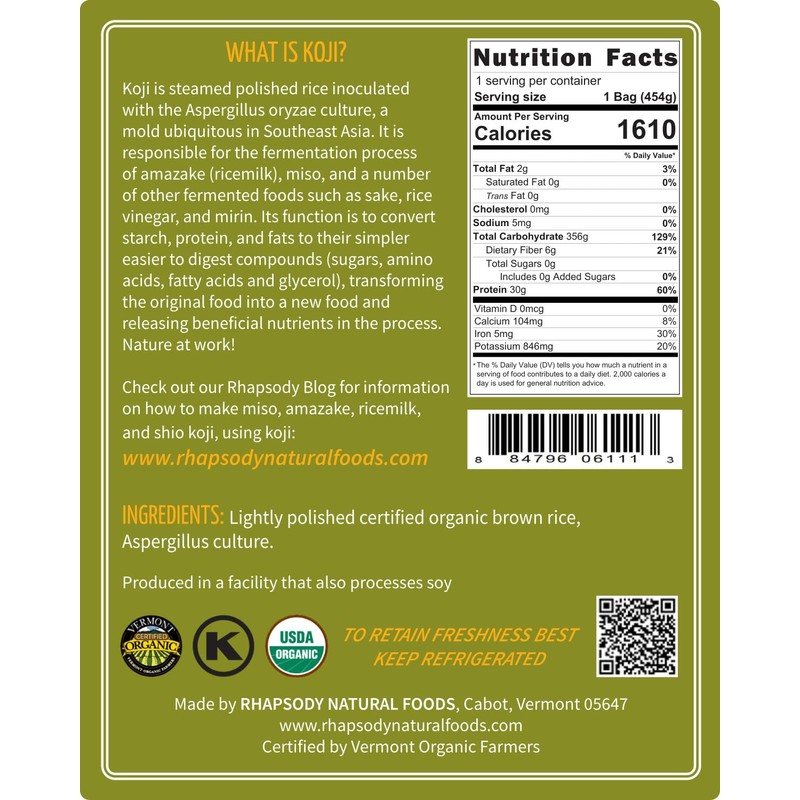 RHAPSODY ORGANIC KOJI - Made in Vermont, USA - Sweet