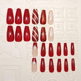 Christmas Press on Nails Coffin Fake Nails Red Glue on Nails Long Christmas False Nails with Xmas Tree Snowflake Designs Holiday Square Acrylic Full Cover Christmas Stick on Nails for Women 24PCS