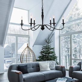 PAPAYA Farmhouse Chandelier 6-Light Black Industrial Classic Candle Ceiling Rustic Pendant Lights Fixture for Dining Living Room Bedroom Kitchen Island Hanging Lighting
