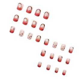 24Pcs Gold Star Press on Nails Short Square Fake Nails with Gradient Designs French Line Acrylic Nails Full Cover Pink False Nails Stars Stick on Nails for Women Girls Reusable Nail Art Supplies
