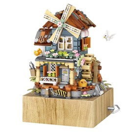AKOGD Windmill Music Box Building Blocks, 799 Pieces Street View Architecture Building Blocks Model, Clamping Building Blocks Music Box of the Windmill House Construction Set Construction Toy Set for