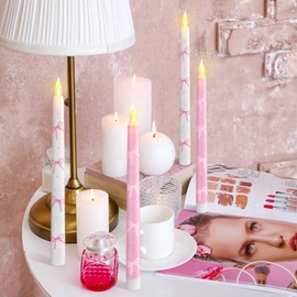 6 Pcs Pink Bow Flameless Taper Candles Coquette Bowknot LED Flickering Candles White and Pink Coquette Party Decorations for Birthday Bridal Wedding Dinner Party (Batteries Not Included)