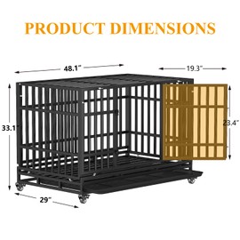 TIMHAKA 48 Inch Heavy Duty Dog Crates, Escape Proof Dog Cage Large Dogs with Wheels, Indestructible Steel Dog Cage with Upgraded Reinforced Baseplate for High Anxiety Dogs, Dog Kennel Indoor Outdoor