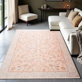 CRYPTOLITE Boho Area Rugs 5x7 Floral Rugs for Living Room Washable Non Slip Low Pile Soft Carpet for Living Room Bedroom Dinning Room