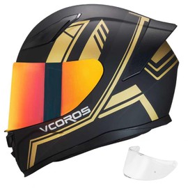 VCOROS Full Face Motorcycle Helmet for Unisex-Adults DOT Approved WS-609 Motorbike Street Bike Racing Helmets with Visor (Matte Gold Lines,L)