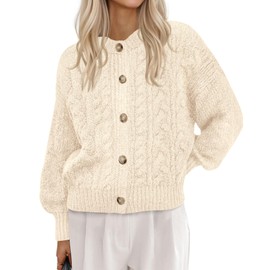 BTFBM Chunky Cardigan Sweaters for Women Fall Fashion 2025 Button Lantern Long Sleeve Cable Knit Winter Coats Outerwear(Beige White, Medium)
