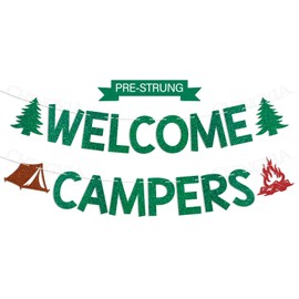 Welcome Campers Banner - Camping Theme Birthday Bachelorette Party Decor, Family Camp Day Party Decor, Forest Adventure Baby Shower Decorations Green Glitter